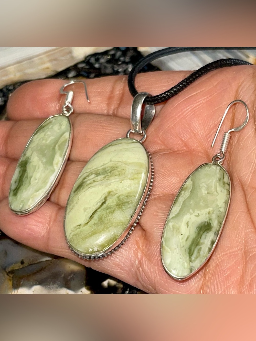 Green Larsonite Crystal Pendant & Earrings Set